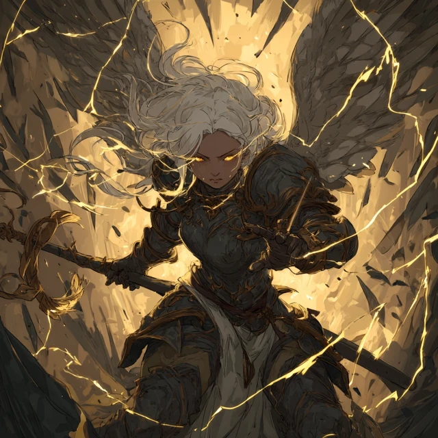 Fantasy Angel Woman with Lightning and Mace Battle Art