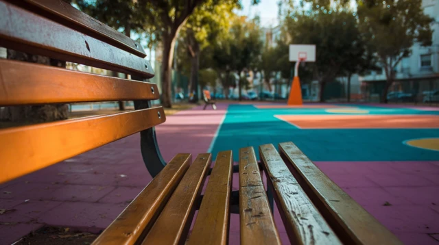 Wooden Bench with Basketball Court Park Scene