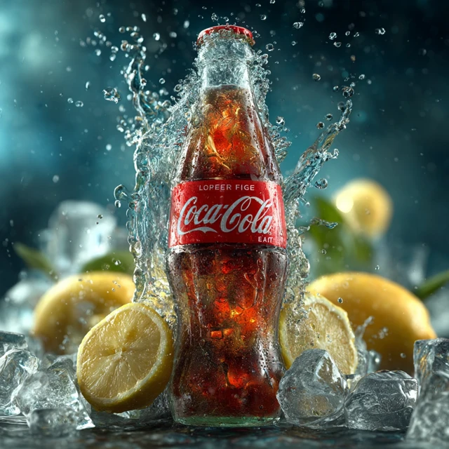 Refreshing Coca-Cola Ad with Ice and Lemon