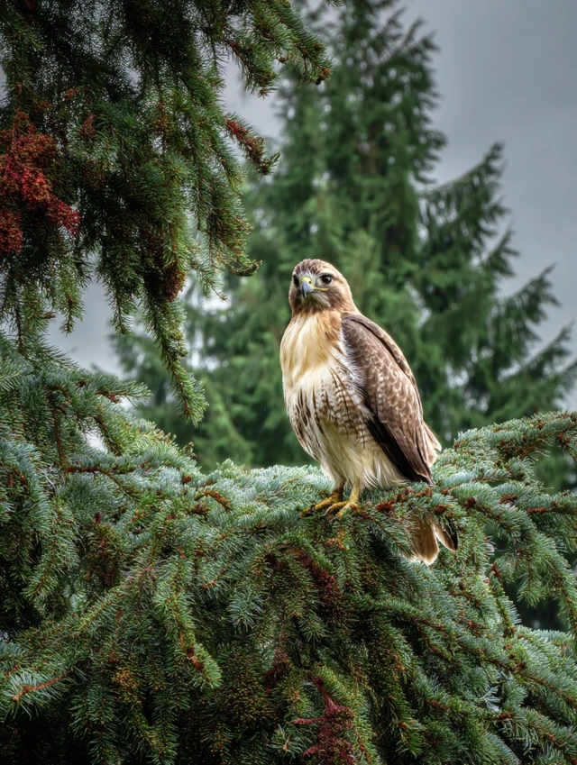 Red Tail Hawk Perched on a Cedar Tree