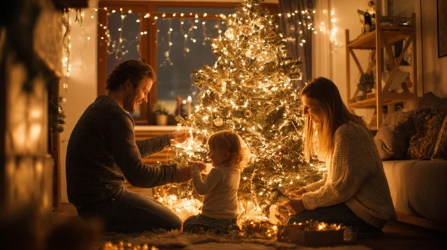 Family Decorating Christmas Tree Cozy Home