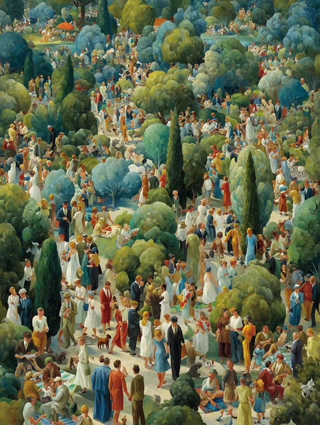 Urban Park Scene - People, Trees, and Socializing