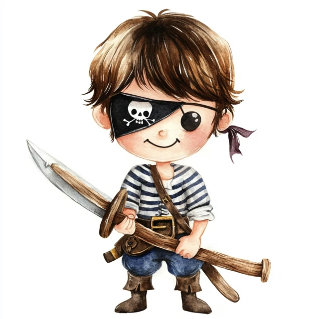 Cartoon Pirate Boy with Eyepatch and Wooden Sword