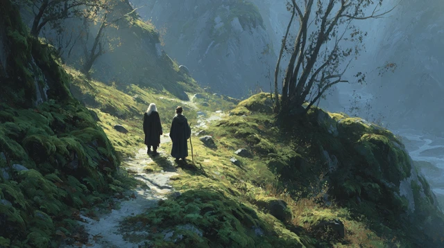 Gandalf and Frodo Hiking Through a Misty Landscape
