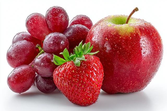 Fresh Strawberry Grapes and Red Apple on White