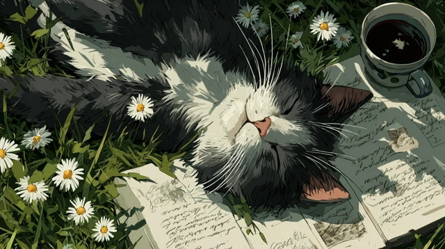 Cozy Cat in a Daisy Field Illustration
