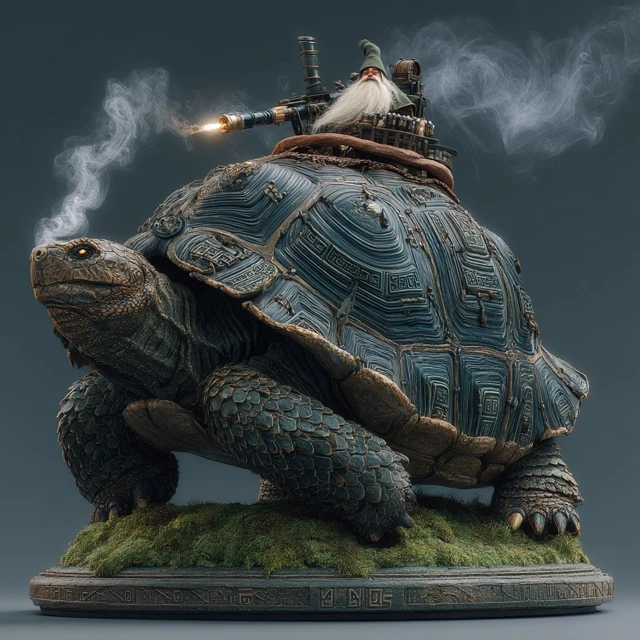 Giant Tortoise and Serpent with Gnome - Fantasy Art