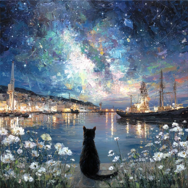 Cat, Night Sky, Beach, Onomichi Oil Painting