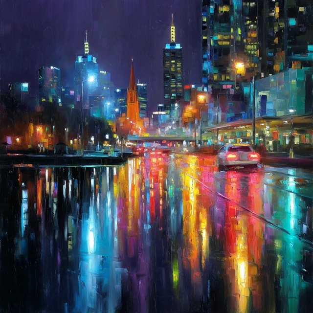 Melbourne Australia Night Rain Oil Painting