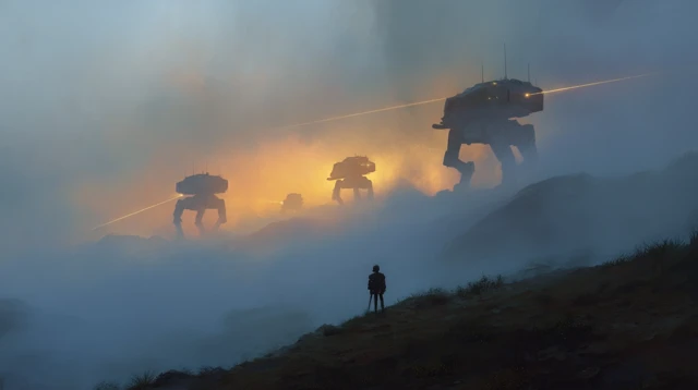 Mecha Battle on a Mountain Ridge at Dawn