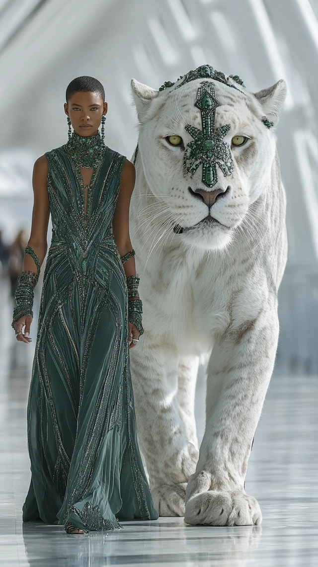 Elegant Model and White Panther Guardian Couture