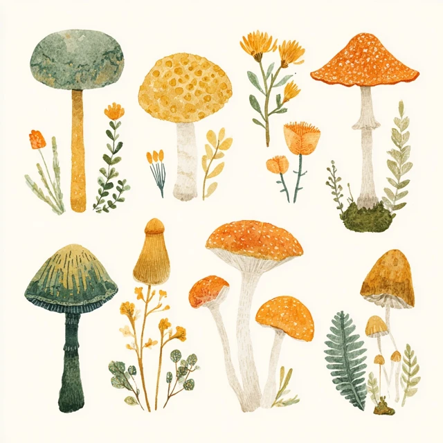 Cozy Farm Mushrooms Watercolor Illustration