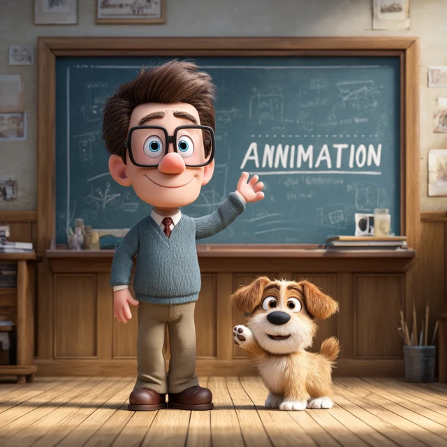 Pixar Classroom with Teacher and Puppy