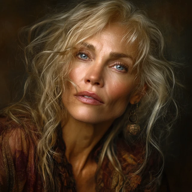Mature Woman Portrait Intense Blue Eyes Blonde Hair