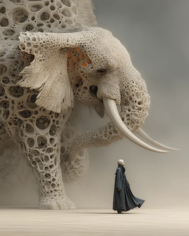 Surreal Elephant Creature and Figure in a Pale Plain
