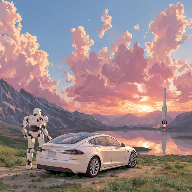 Futuristic Landscape Tesla Robot Sunset