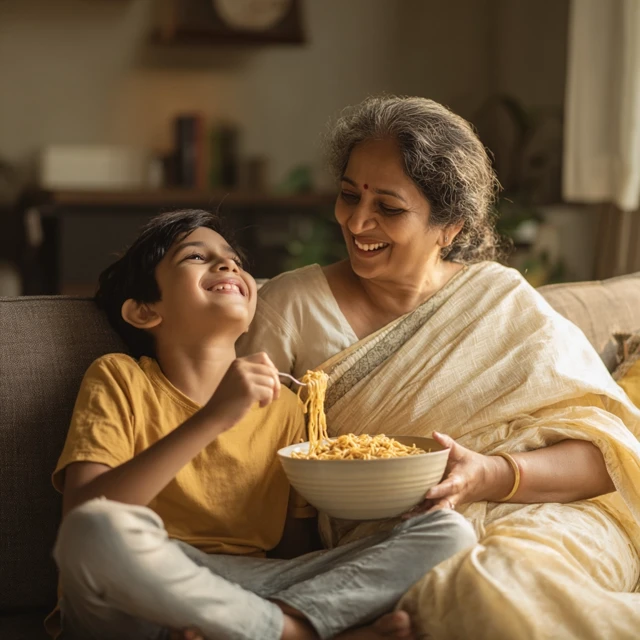 Joyful Family Moment Boy and Grandmother Eating Noodles