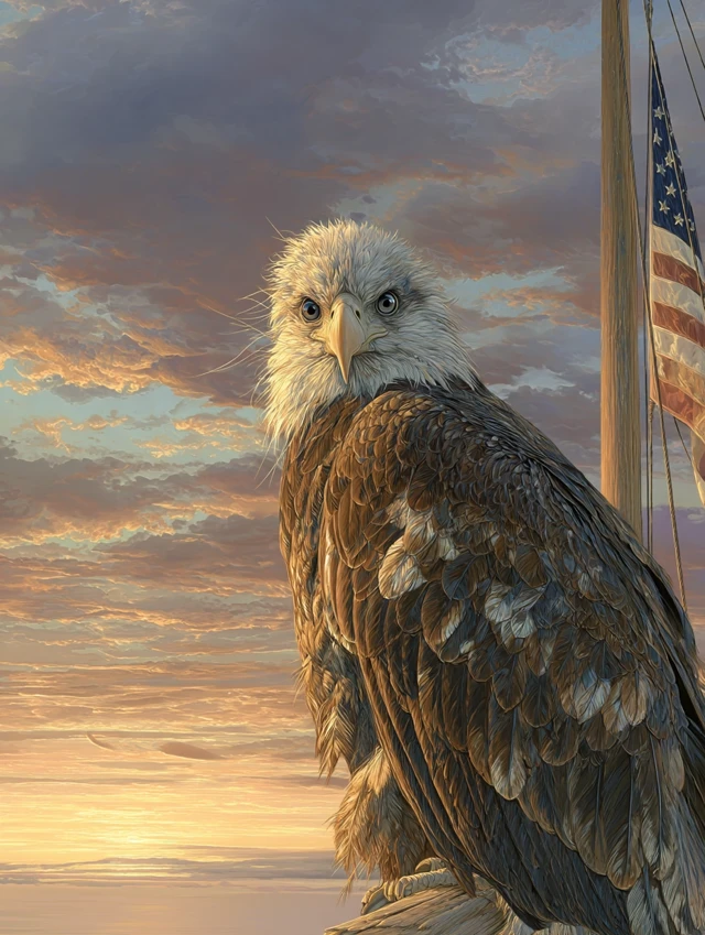 Bald Eagle with Googly Eyes at Sunrise