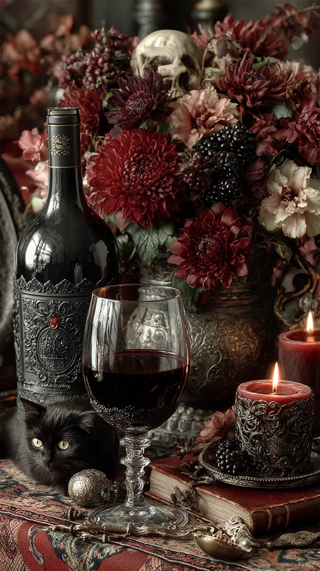 Halloween Goth Romance Black Cat Candles and Wine