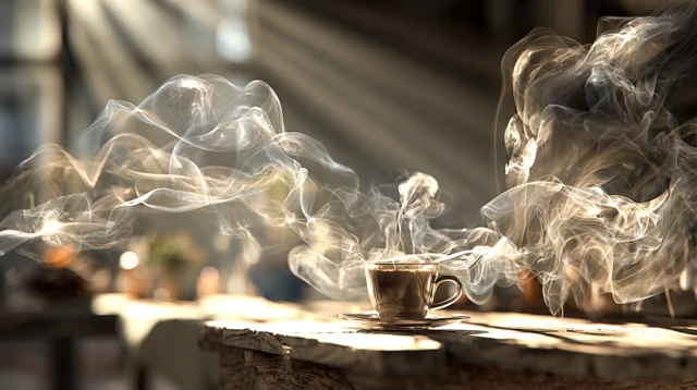 Steaming Coffee Cup on Rustic Table Cozy Atmosphere