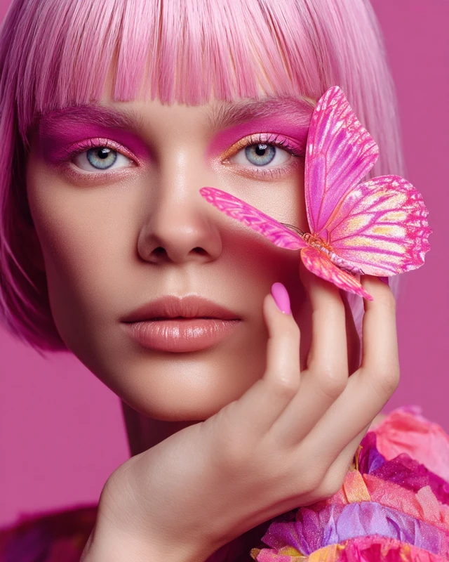 Pink Butterfly and Woman Fashion Photography