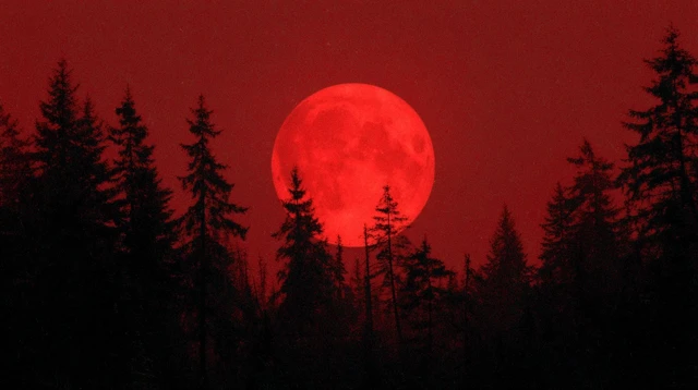 Ominous Red Moon Night Horror Scene 1980s