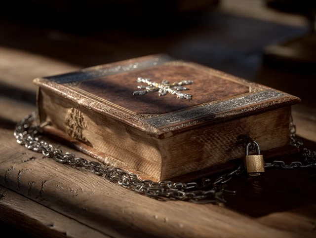 Old Book with Cross Chains and Padlock