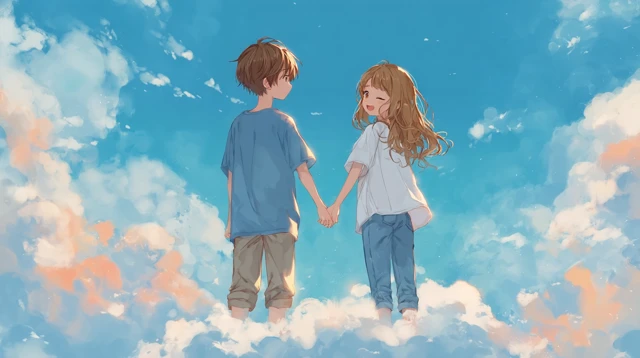 Anime Couple Holding Hands on a Cloud