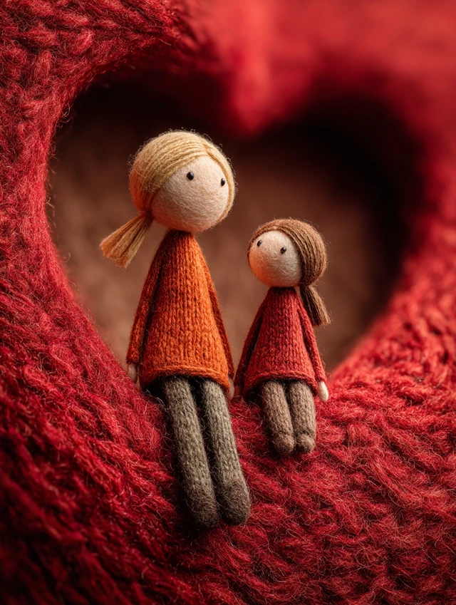 Mother and Daughter Dolls on Red Wool Heart