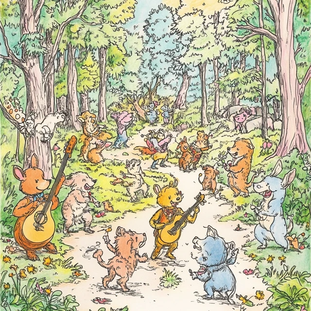 Animal Dance Party Forest Clearing Illustration