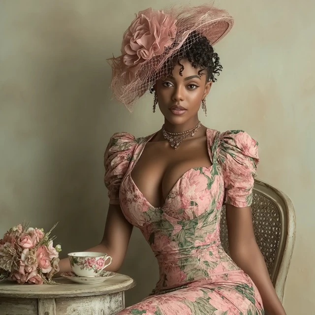 Elegant Nigerian Woman in Floral Dress Tea Time Portrait