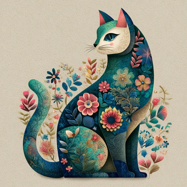 Folk Art Cat Illustration Colorful Floral Design