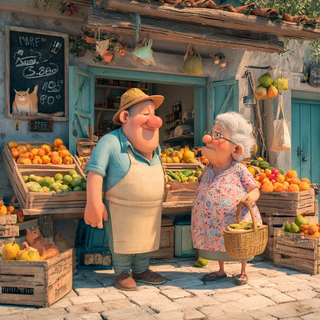 Cartoon Fruit Stand Scene Man and Woman