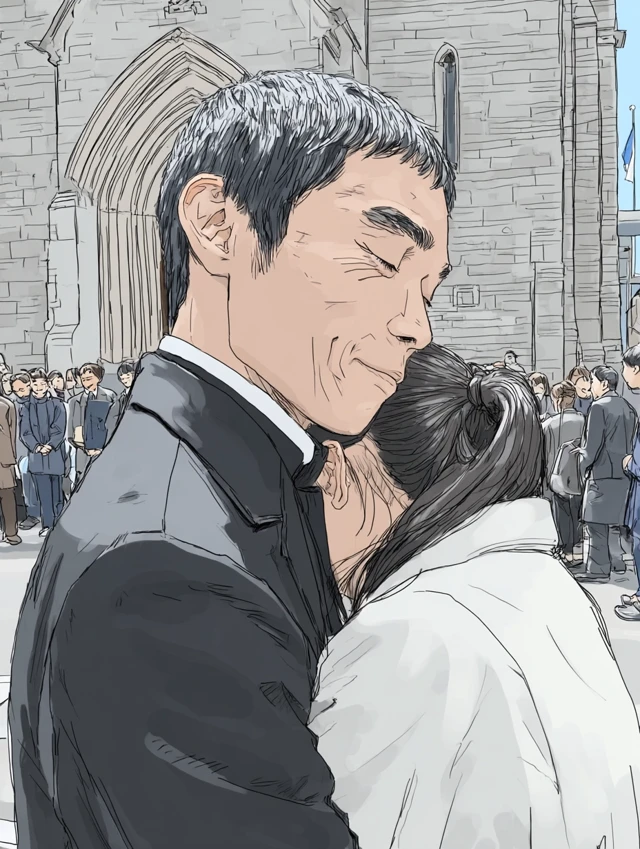 Man and Woman Embracing Church Backdrop