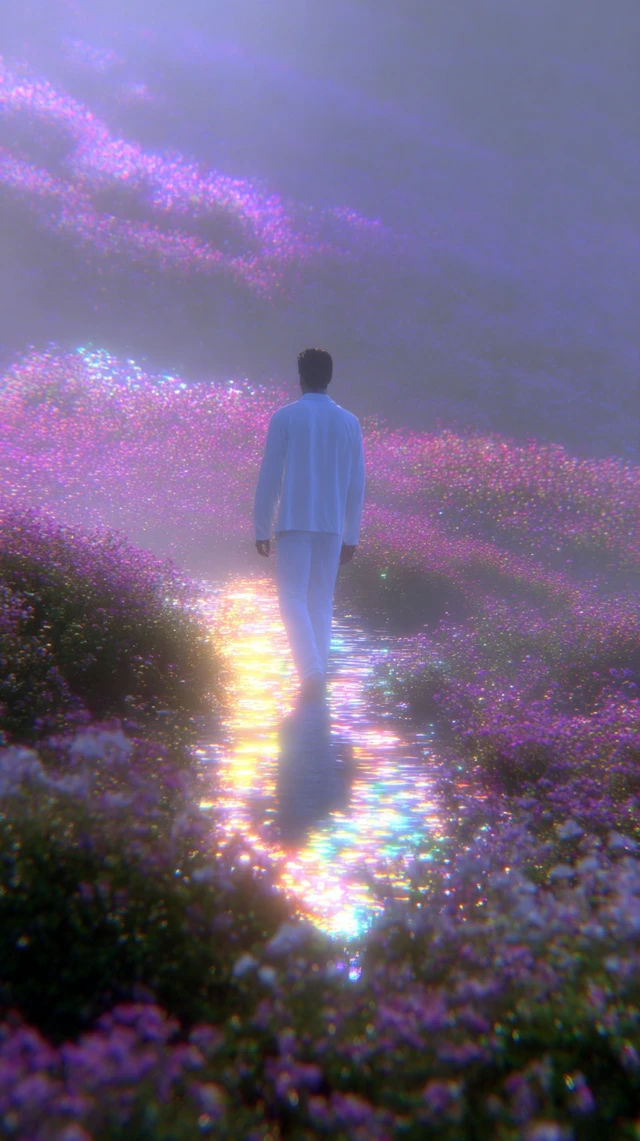 Dreamlike Silhouette Walking Through Iridescent Field