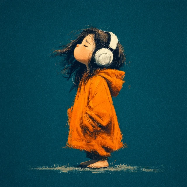Cute Cartoon Girl with Headphones Listening to Music