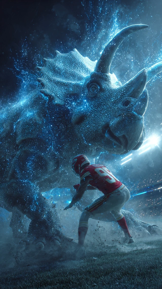 Cyberpunk Football Triceratops in Stormy Stadium