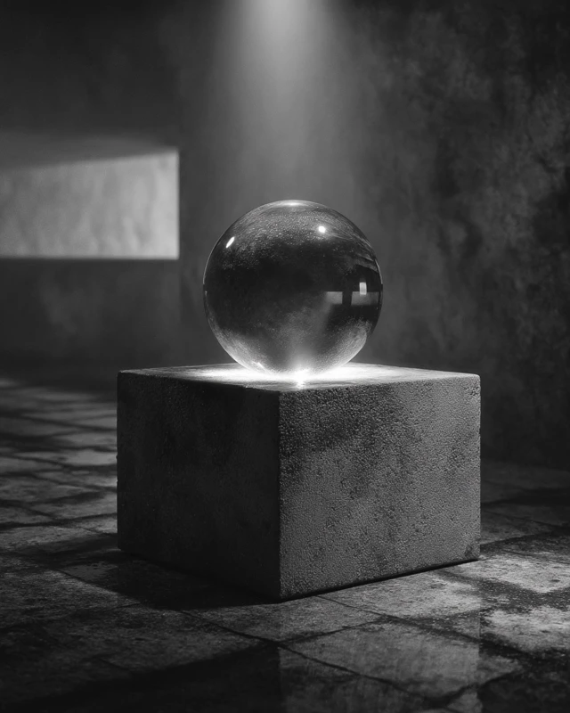 Glass Orb on Concrete Pedestal Grayscale Aesthetic