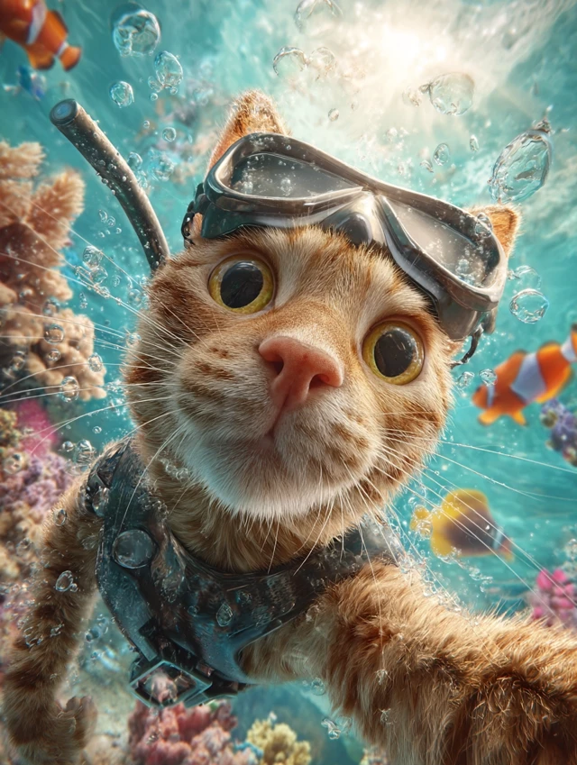 Underwater Cat Selfie with Tropical Fish