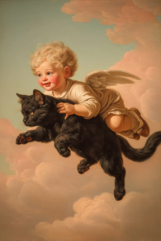Angel Child Riding Cat Oil Painting