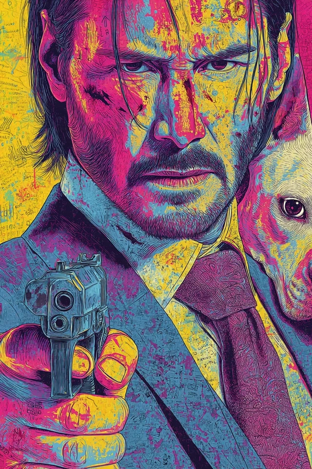 John Wick with Pitbull Trippy Art Style
