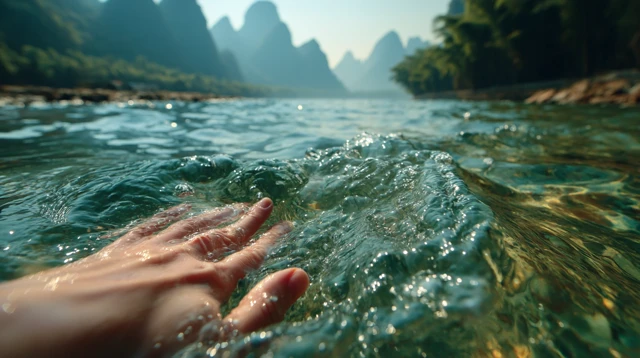 Hand Touching Water in Guilin China UHD 8k