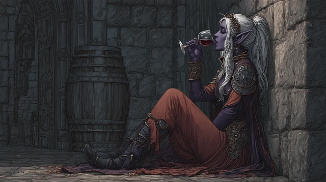 Dark Elf Drow Drinking Wine in Dungeon Art