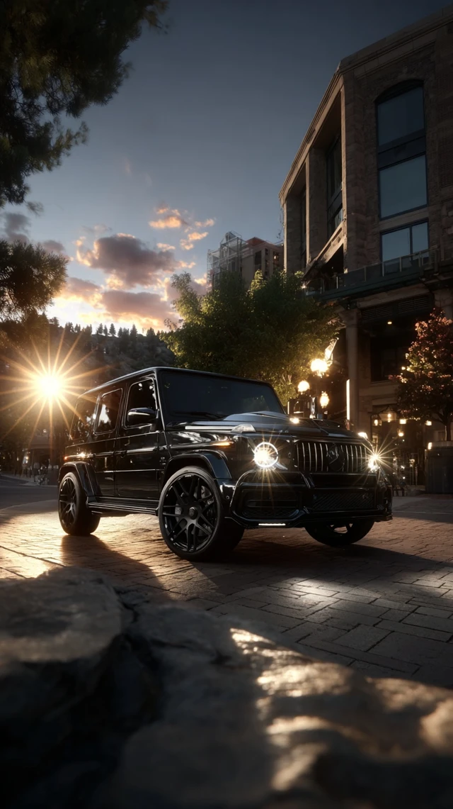 Mercedes Benz G Class Black SUV in City at Sunset
