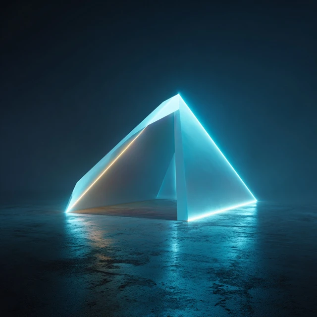 Neon Geometric Pyramid in Dramatic Lighting