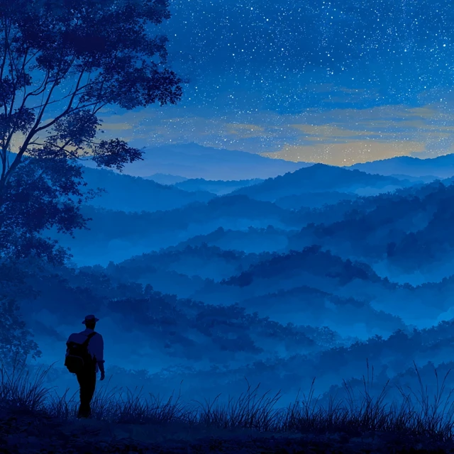 Man in Mountains Under Starry Night Illustration