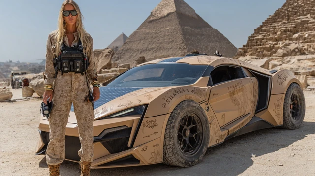 Egyptian Woman and Sports Car Near Pyramids