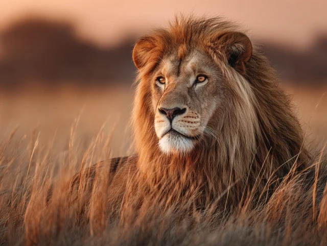 Majestic Lion in African Savanna Sunset Photography