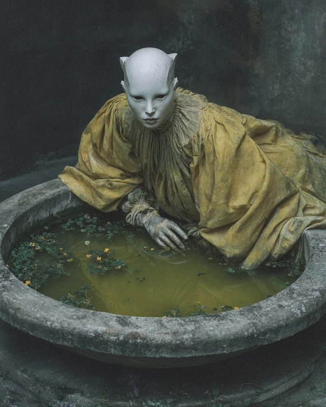 Eerie Skeleton in Water Chiaroscuro Painting