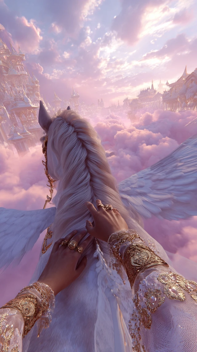 Princess Unicorn Flight Above Fantasy City